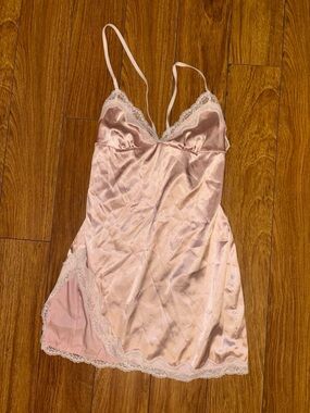 Pink satin slip dress with heart lace trim